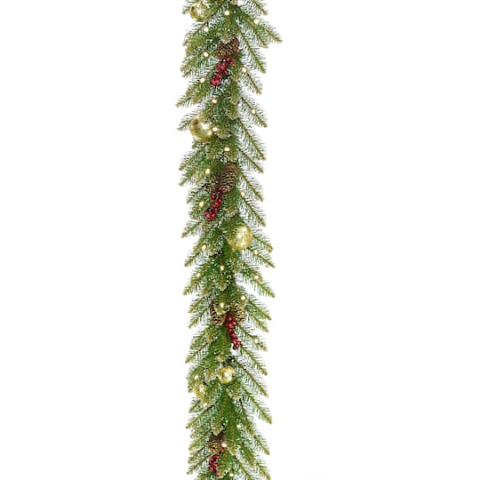 9&#x27;x 10&#x22; Pre-lit Glittery Gold Dunhill&#xAE; Fir Artificial Christmas Garland w/ Red Berries, Gold Edged Cones, Gold Ornaments &#x26; Warm White Battery Operated LED Lights w/Timer